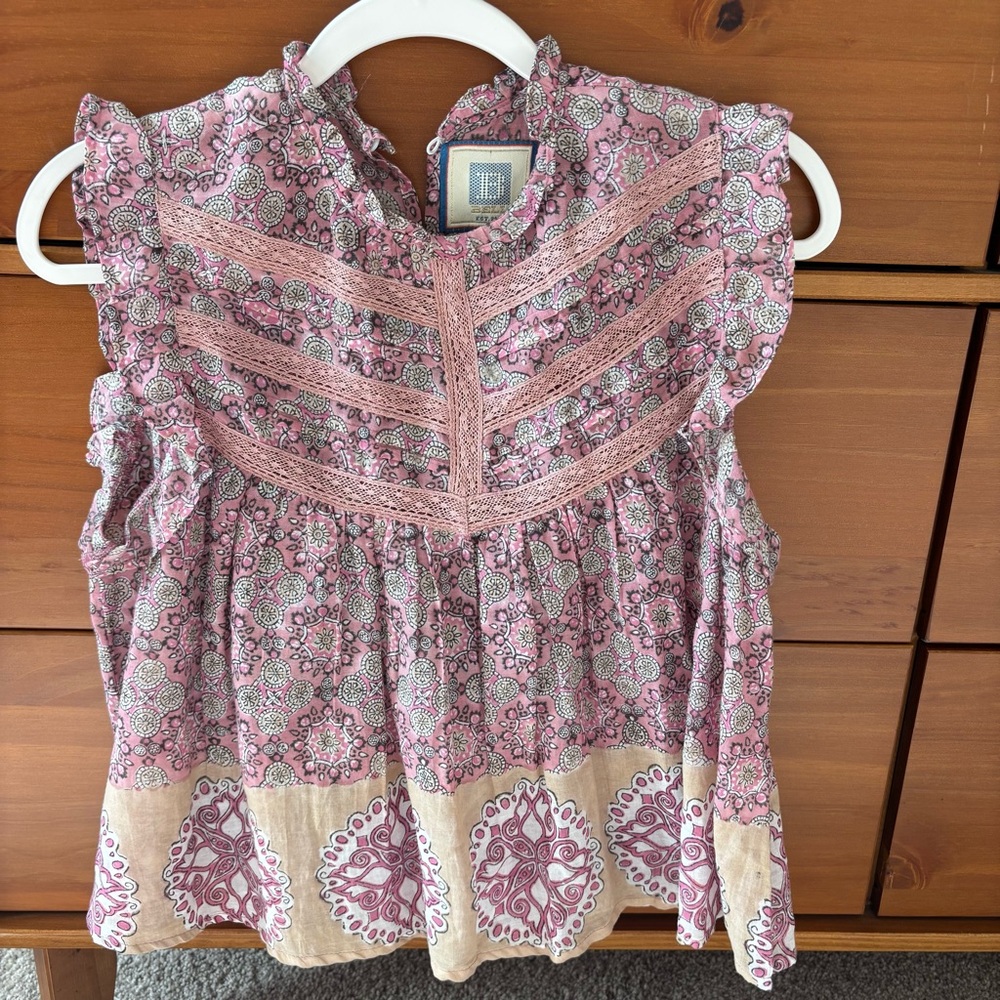 Anthropologie Bell Pink Paisley Lace-Trim Sleeveless Top
